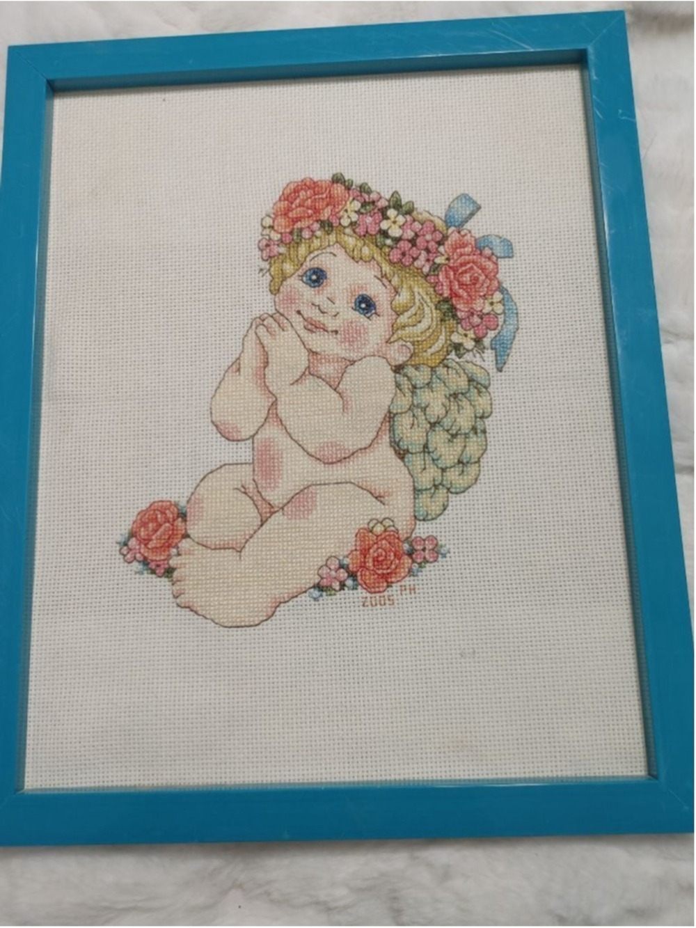 Handmade Blue and White Angel Cherub Cross Stitch Picture Frame 9x11